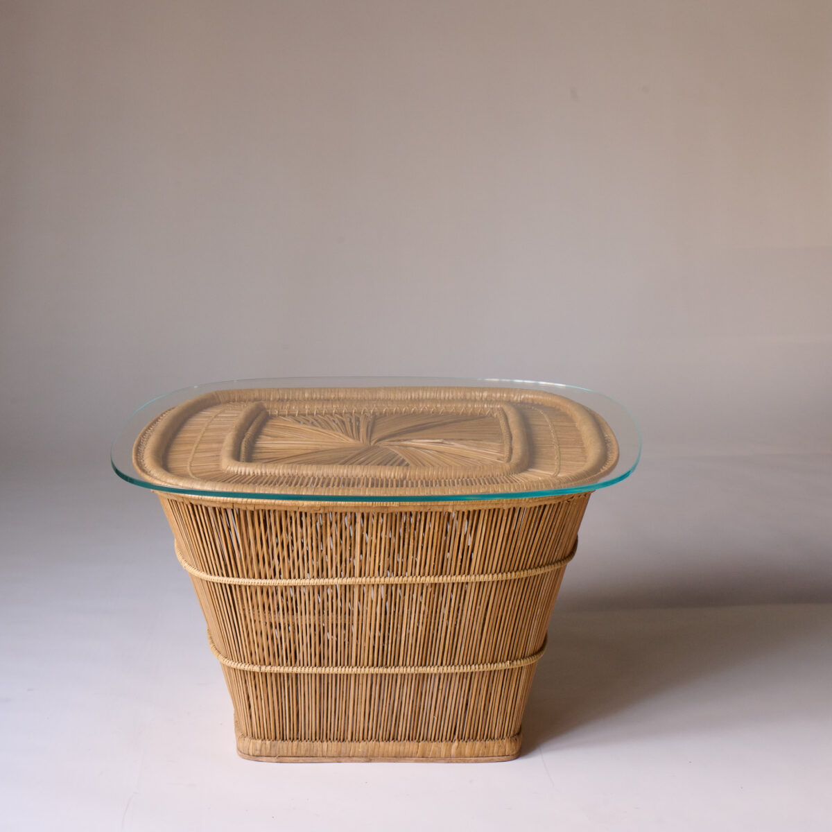 Vintage Italian Cane Table with Glass Top, 1960’s