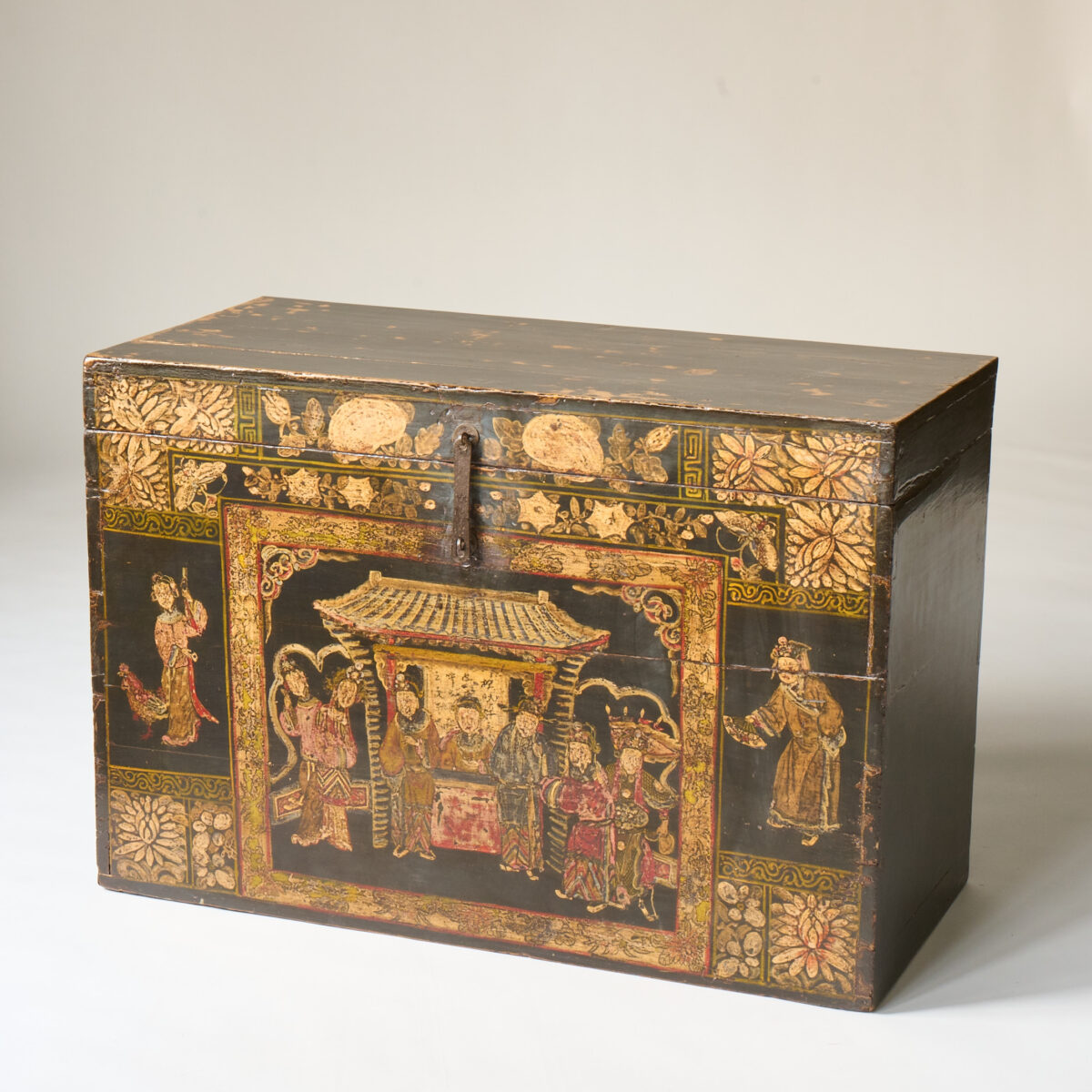 19th Century Ornate Black Chinese Trunk with Red & Gold Details