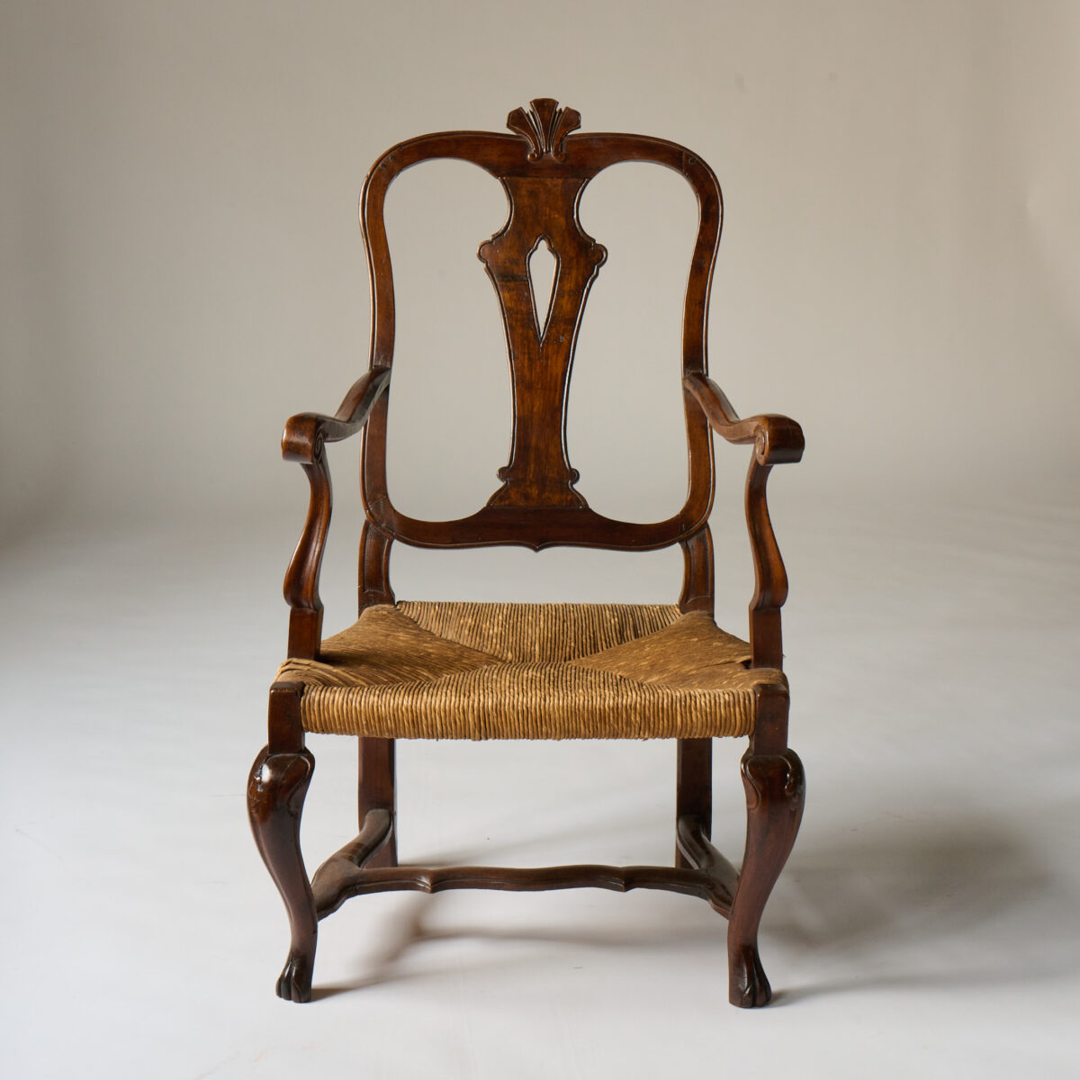 Rustic 19th Century Dutch Walnut Armchair with Rush Seat