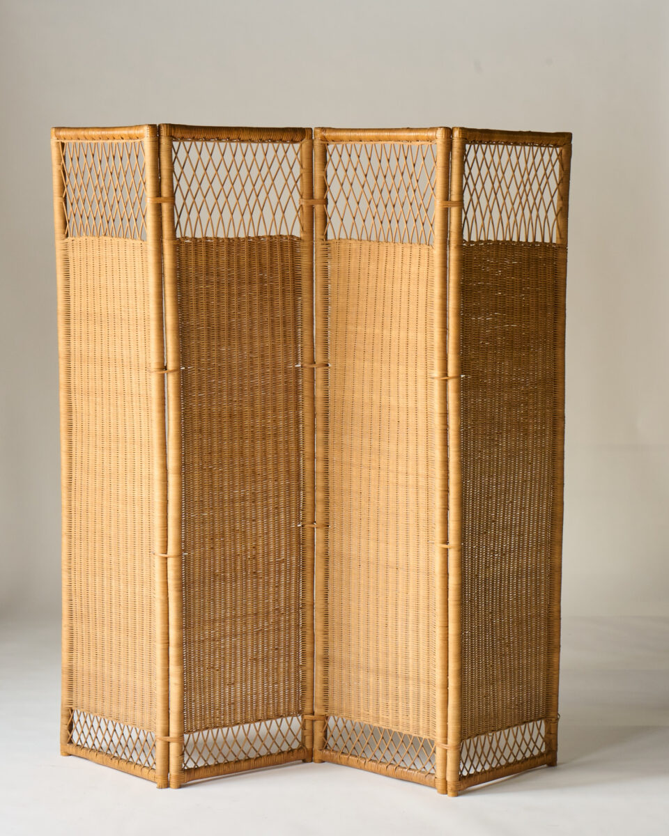 Mid-Century French Rattan Four Panel Screen