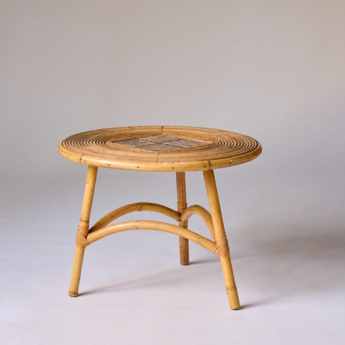 Mid Century French Rattan and Ceramic Tiles Tripod Side Table, 1950s