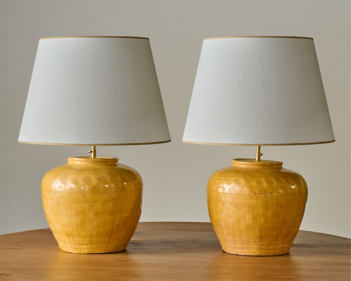 Yellow Glazed Ceramic Lamps, Pair