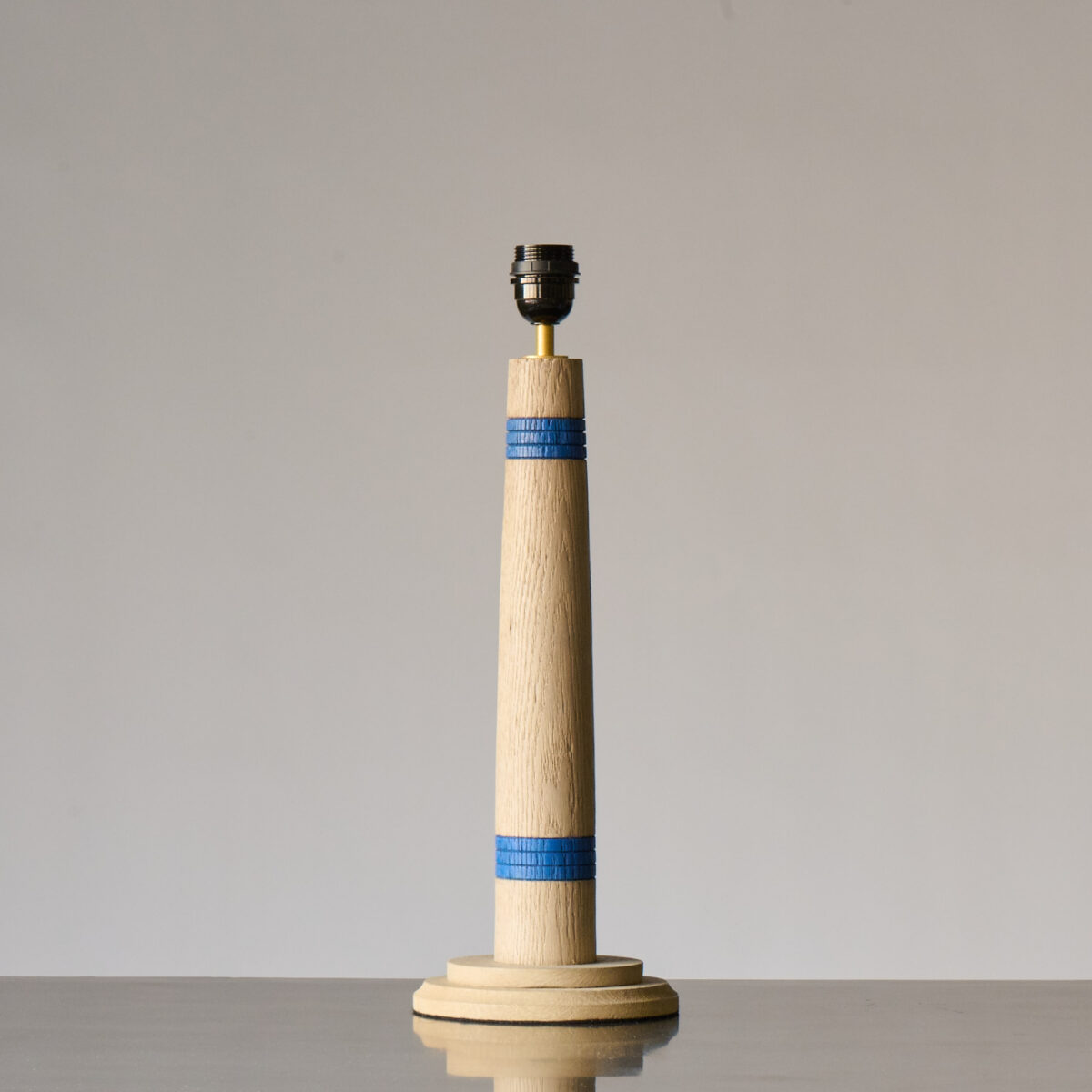 Vintage Belgium Bleached Oak Column Lamp with Blue Stripe, 1950s