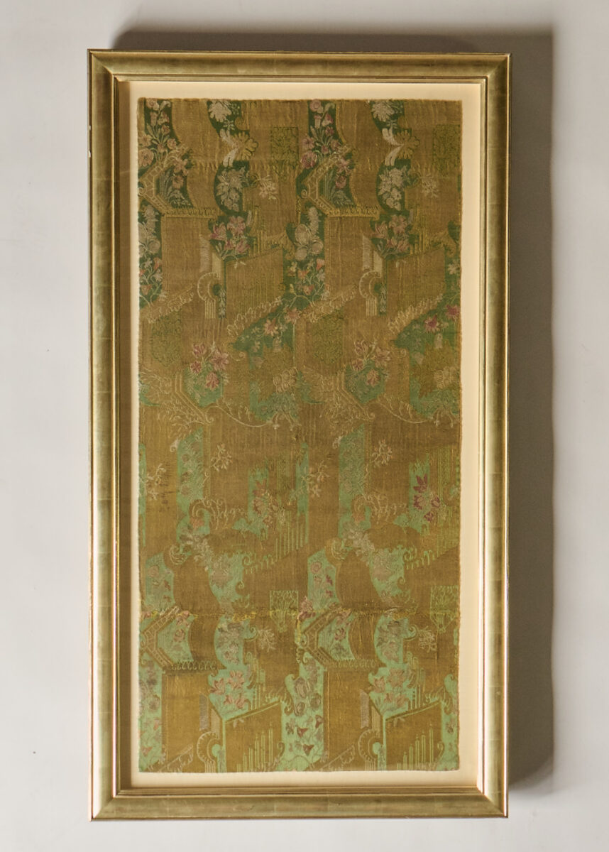 Framed Aesthetic Movement Green and Gold Silk Textile