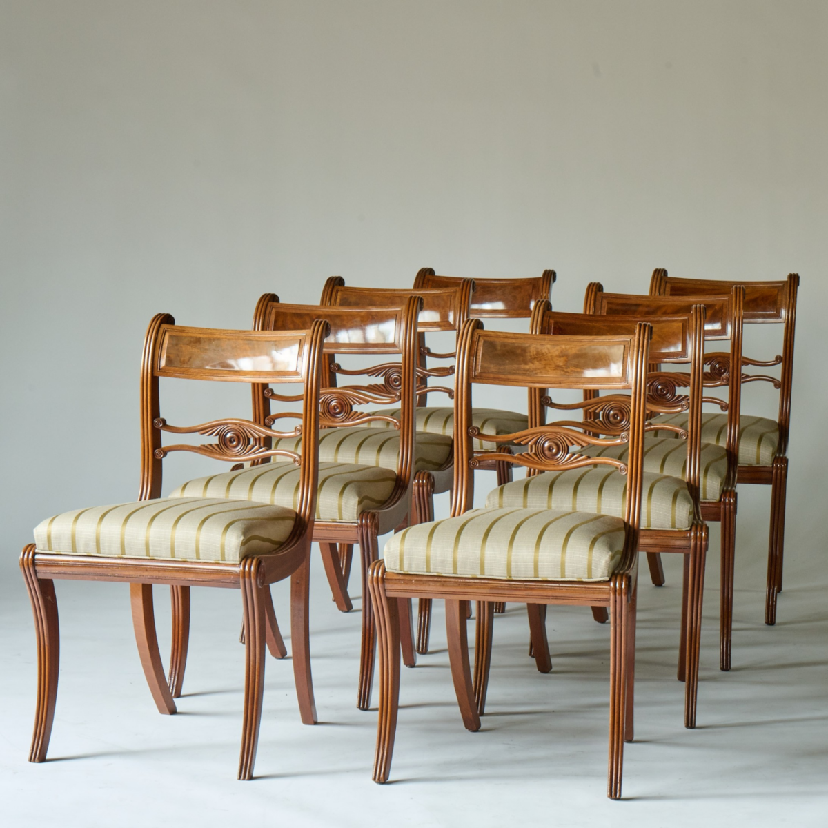 19th Century American Federal Mahogany Klismos Style Dining Chairs, Set of Ten
