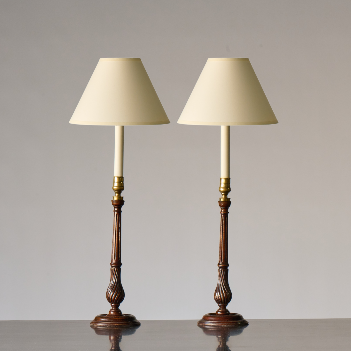 English Mahogany Fluted Candlestick Lamps, Pair